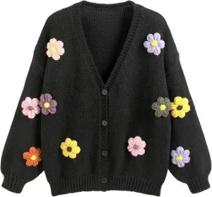 CIDER Womens Floral Cropped Cardigan Cute Flower V Neck Button Down Trendy Sweater