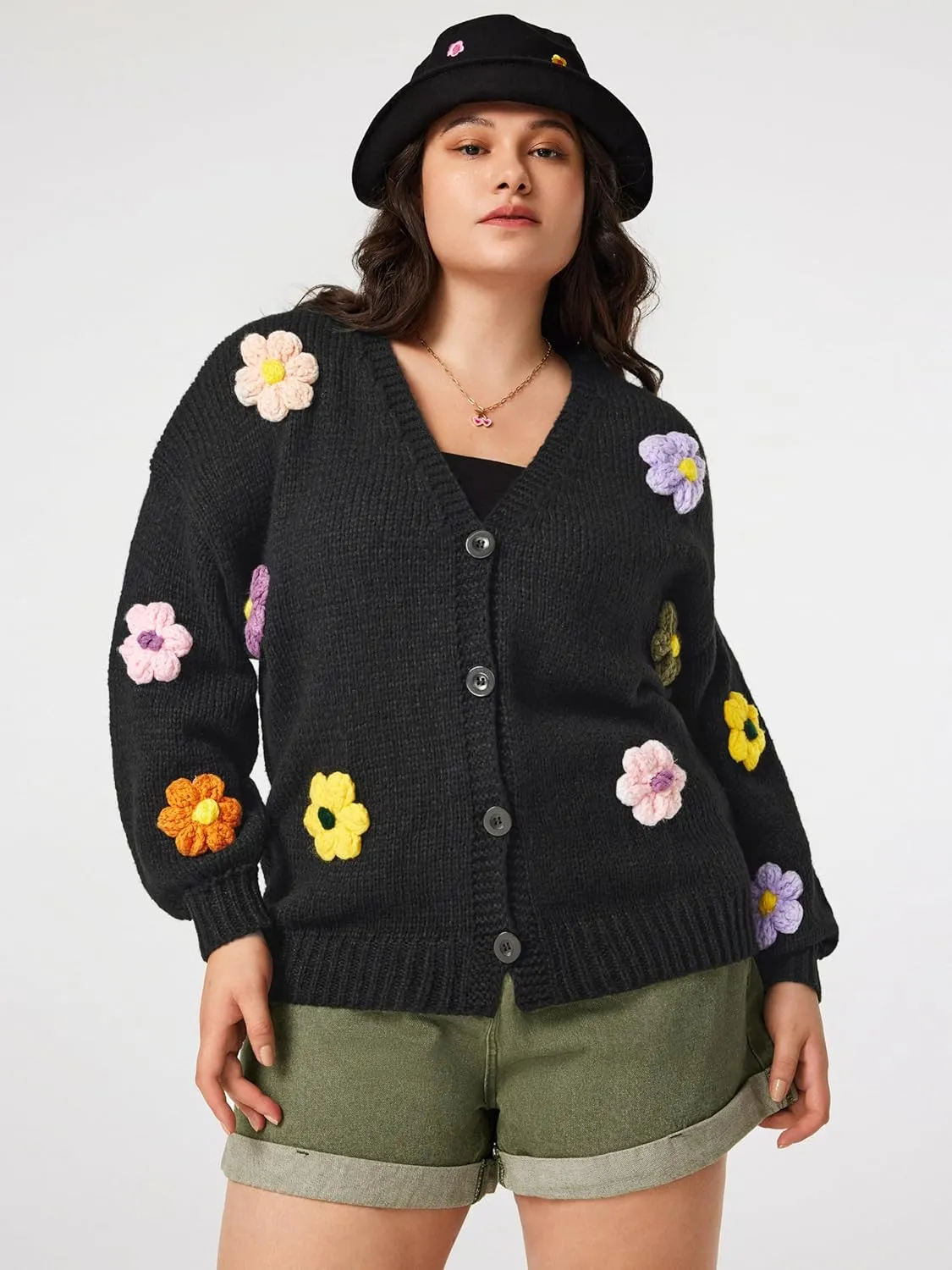 CIDER Womens Floral Cropped Cardigan Cute Flower V Neck Button Down Trendy Sweater