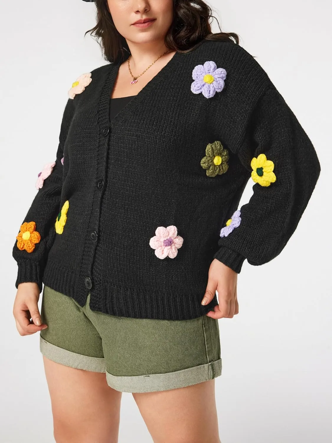CIDER Womens Floral Cropped Cardigan Cute Flower V Neck Button Down Trendy Sweater