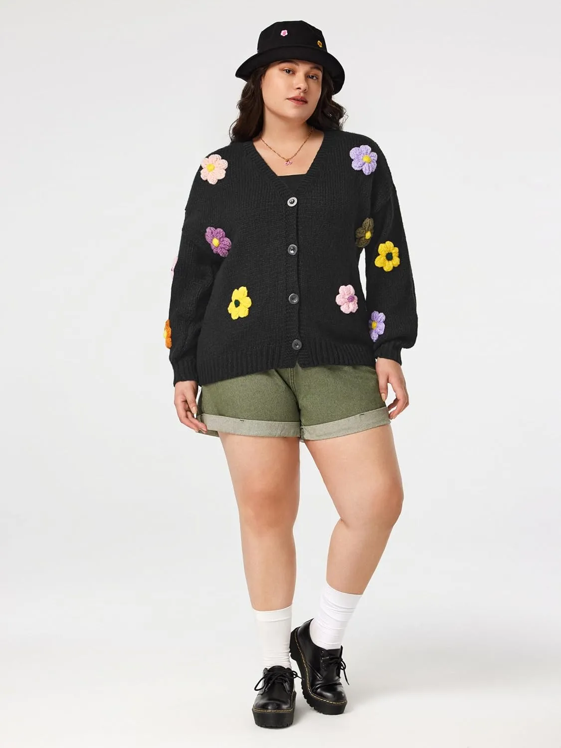 CIDER Womens Floral Cropped Cardigan Cute Flower V Neck Button Down Trendy Sweater