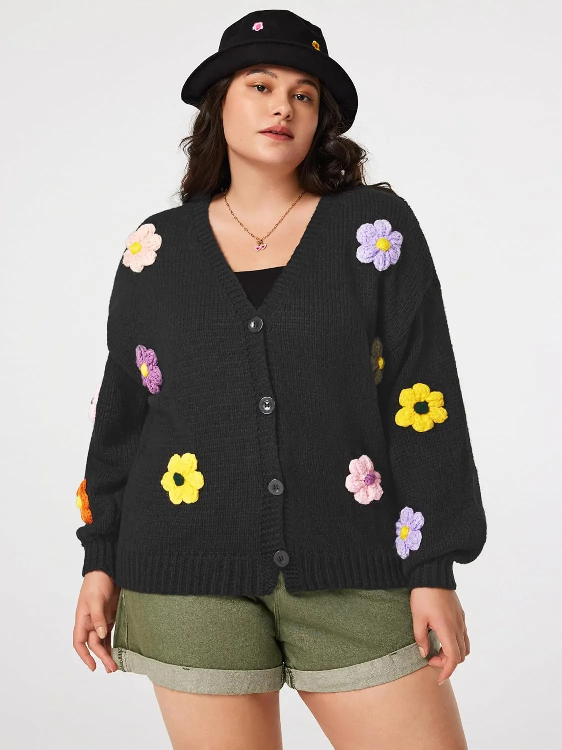 CIDER Womens Floral Cropped Cardigan Cute Flower V Neck Button Down Trendy Sweater