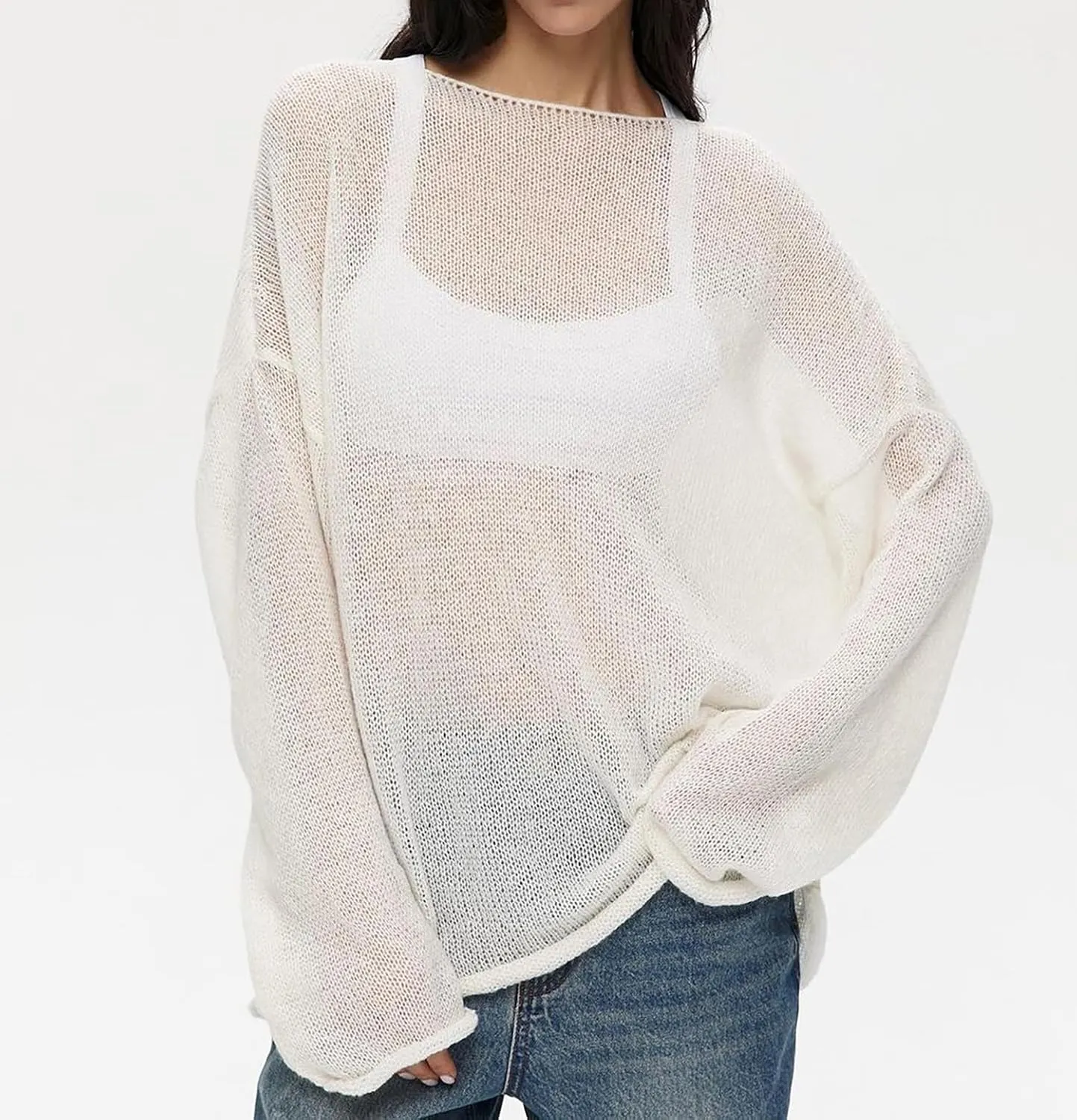 Cioatin Women Oversized Long Sleeve Sheer Mesh Knit Sweater Tops Y2K Summer Loose Hollow Out Pullover Jumper Shirt Beach