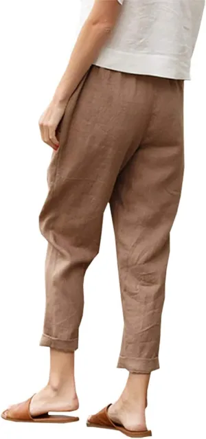 Costaric Womens Summer Casual Linen Capris Pant High Elastic Waist Comfy Loose Wide Leg Beach Linen Trousers with Pockets