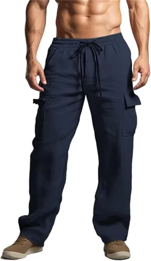 Cotton Linen Pants for Men Casual Elastic Drawstring Cargo Pants Lightweight Open Bottom Thin Trousers with Pockets