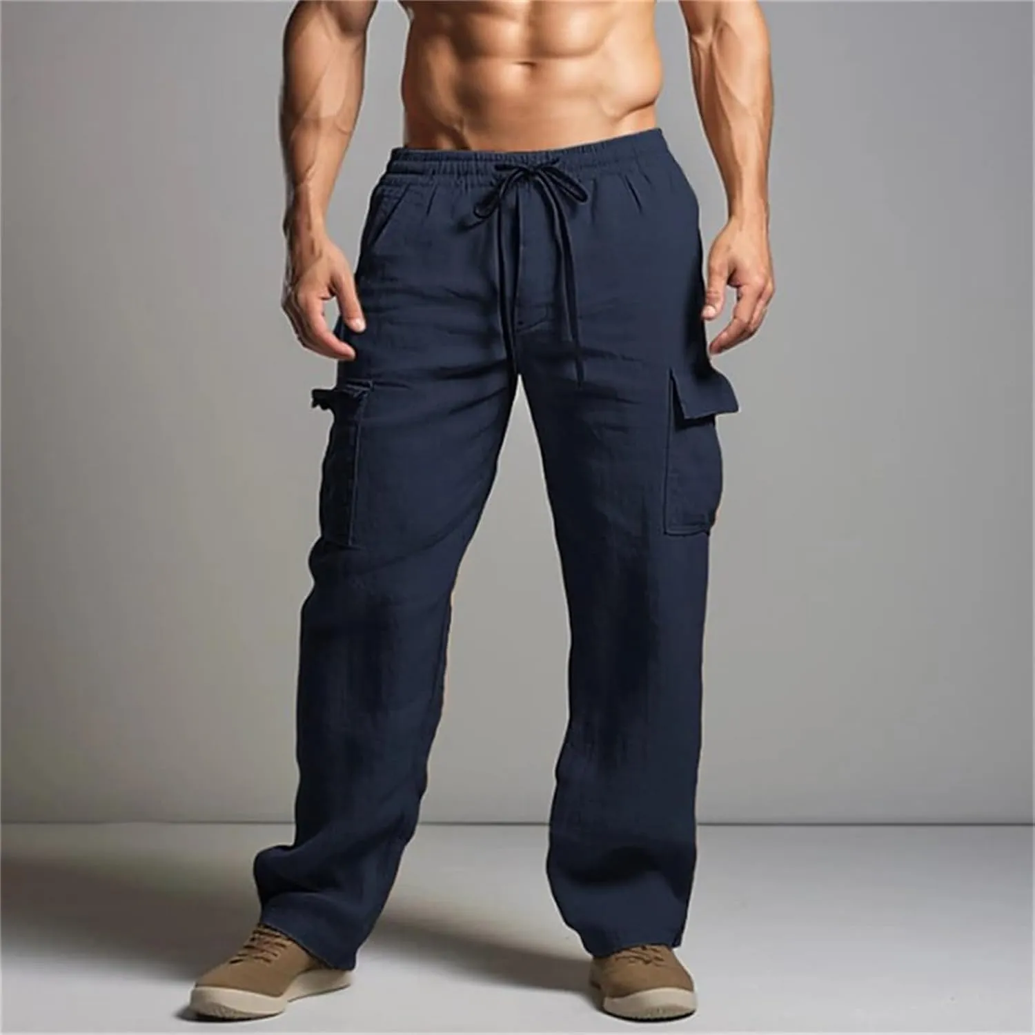 Cotton Linen Pants for Men Casual Elastic Drawstring Cargo Pants Lightweight Open Bottom Thin Trousers with Pockets