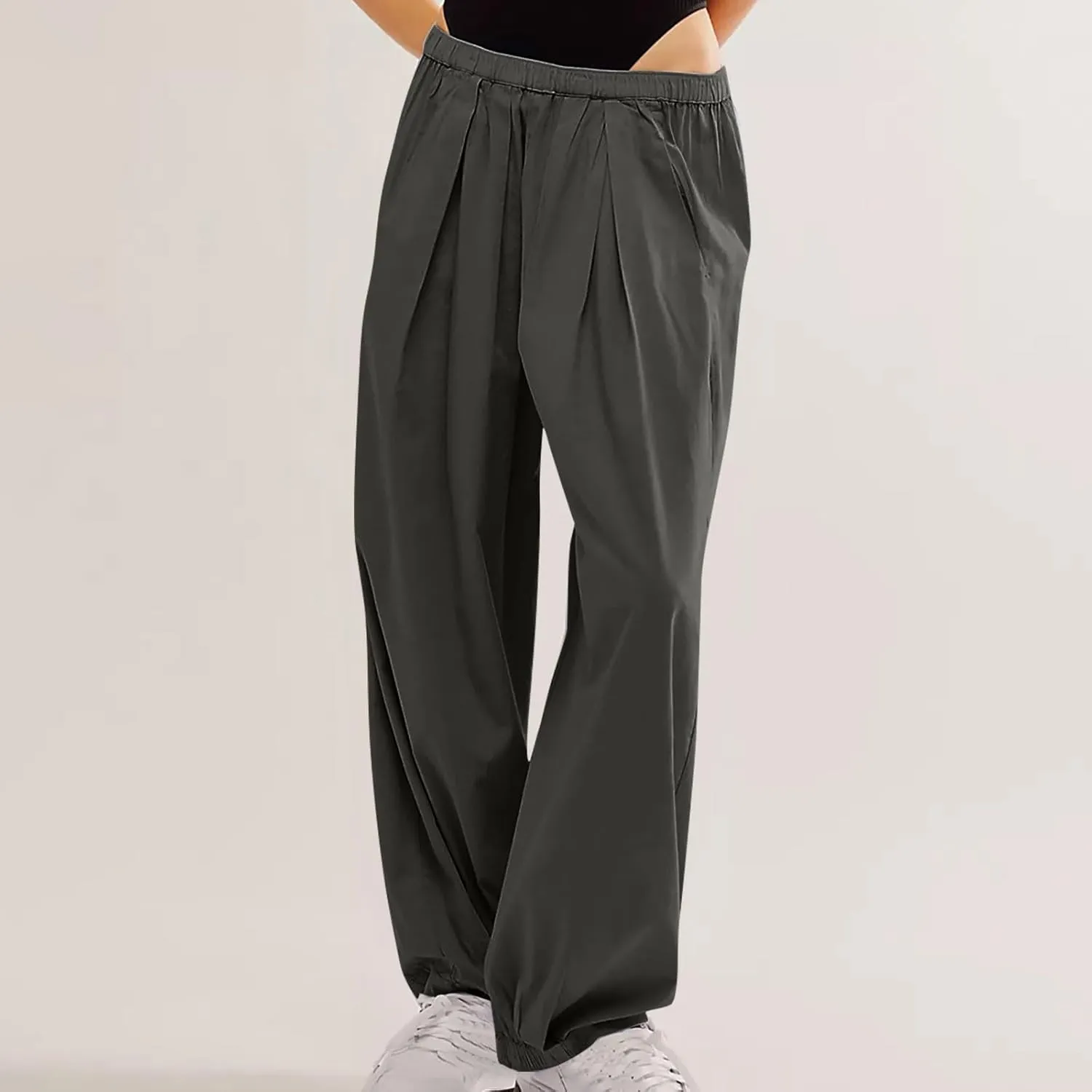 Cotton Linen Pants Women 2024 Casual Trendy Elastic Waist Pleated Long Trousers Fall Solid Color Wide Leg Pants