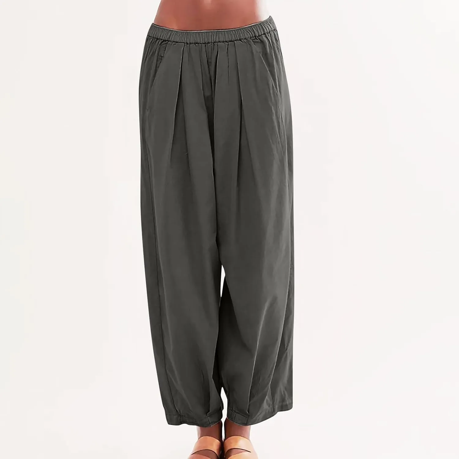 Cotton Linen Pants Women 2024 Casual Trendy Elastic Waist Pleated Long Trousers Fall Solid Color Wide Leg Pants