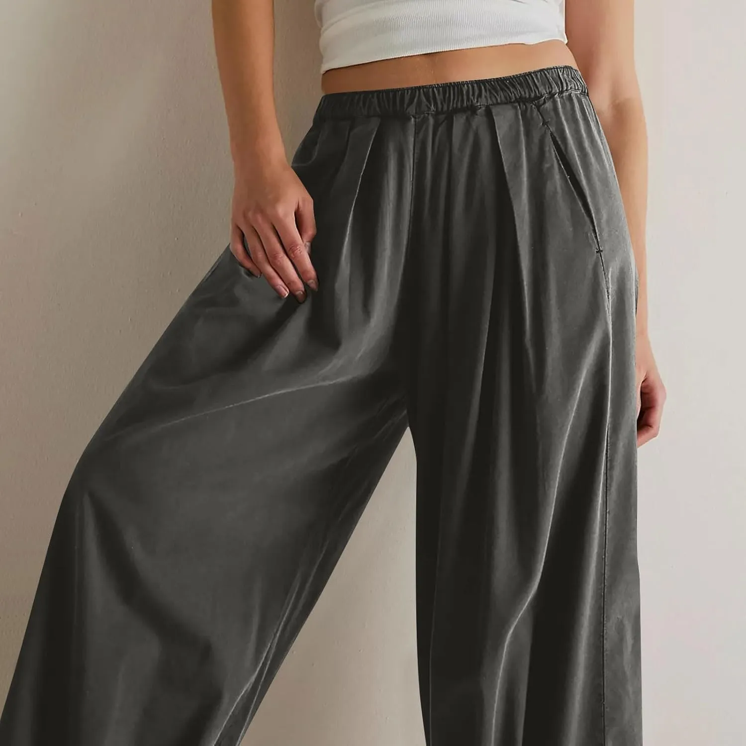 Cotton Linen Pants Women 2024 Casual Trendy Elastic Waist Pleated Long Trousers Fall Solid Color Wide Leg Pants