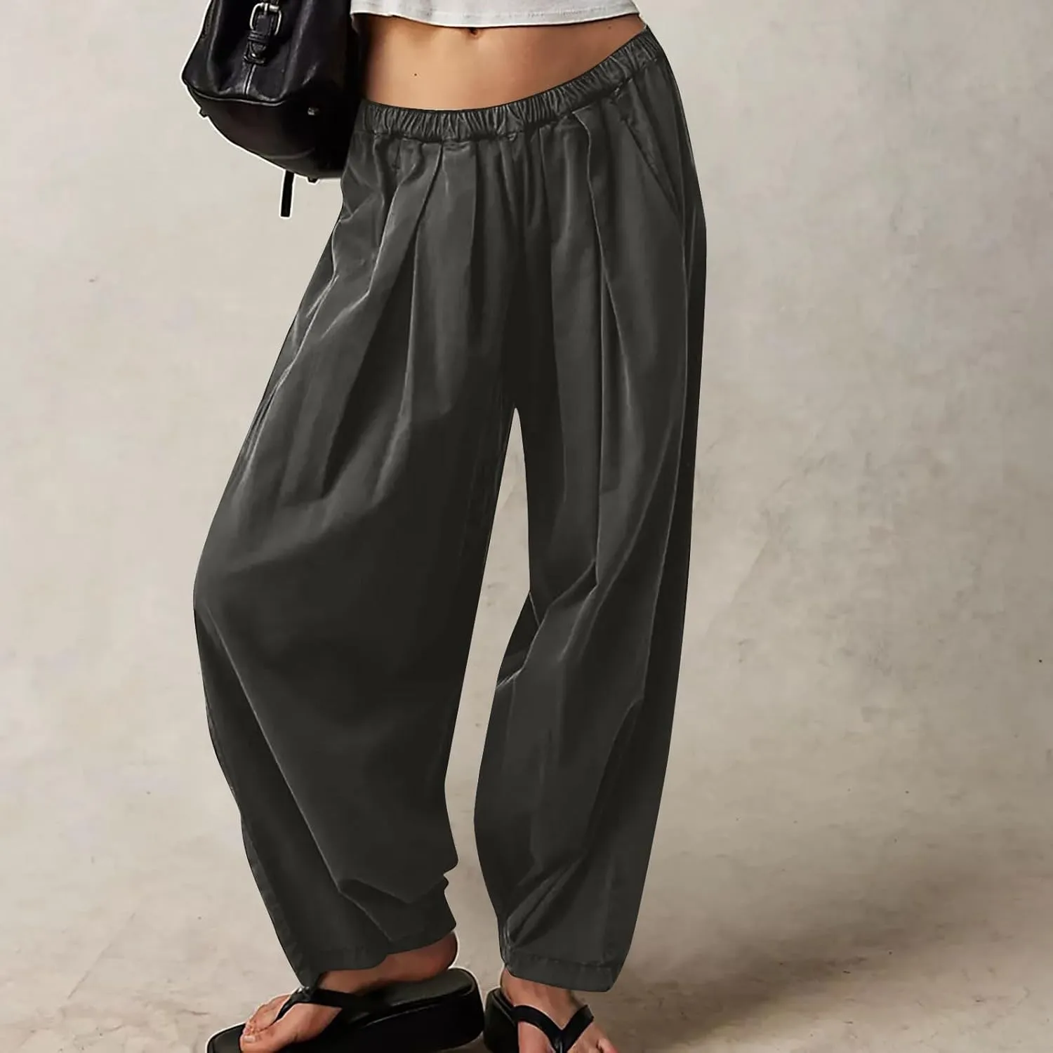 Cotton Linen Pants Women 2024 Casual Trendy Elastic Waist Pleated Long Trousers Fall Solid Color Wide Leg Pants