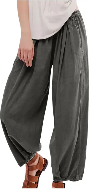 Cotton Linen Pants Women 2024 Casual Trendy Elastic Waist Pleated Long Trousers Fall Solid Color Wide Leg Pants
