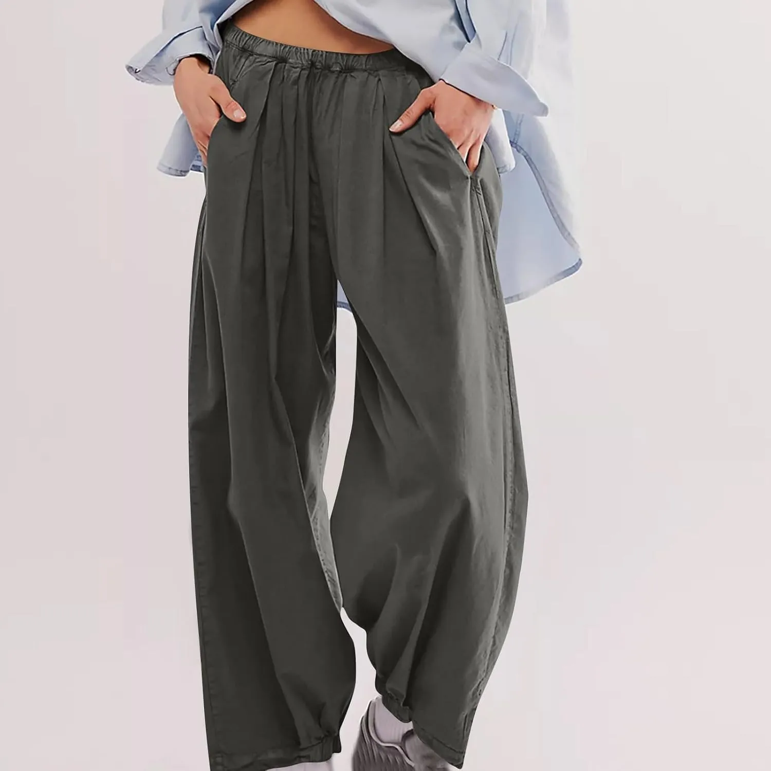 Cotton Linen Pants Women 2024 Casual Trendy Elastic Waist Pleated Long Trousers Fall Solid Color Wide Leg Pants