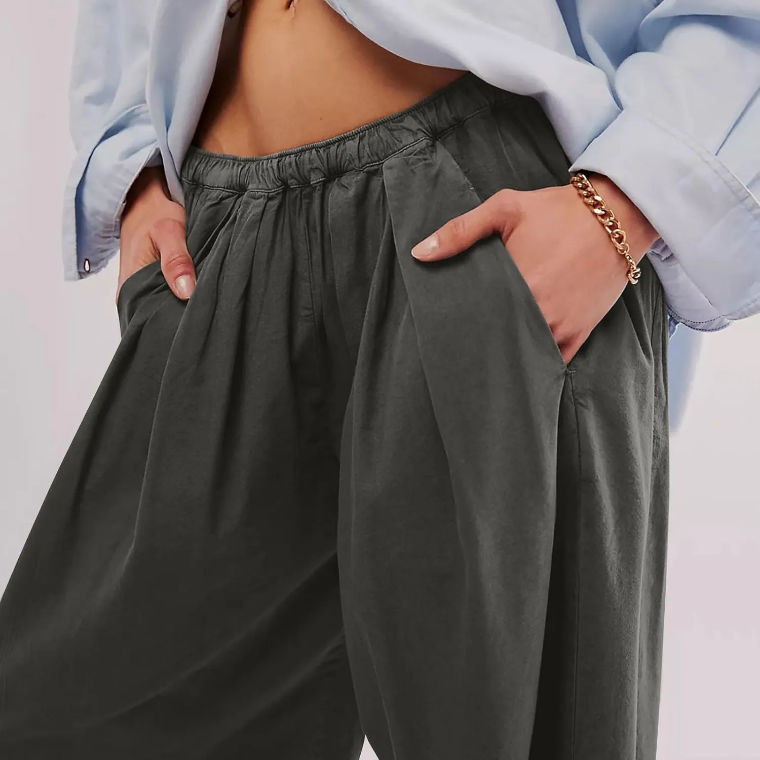 Cotton Linen Pants Women 2024 Casual Trendy Elastic Waist Pleated Long Trousers Fall Solid Color Wide Leg Pants
