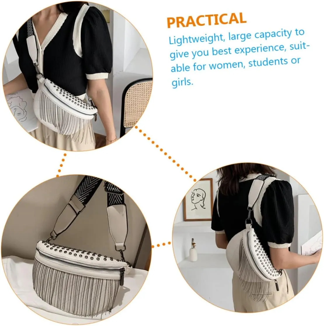 Crossbody Bag Large Capacity Chest Bag for Women Stylish Rivet Tassel Satchel