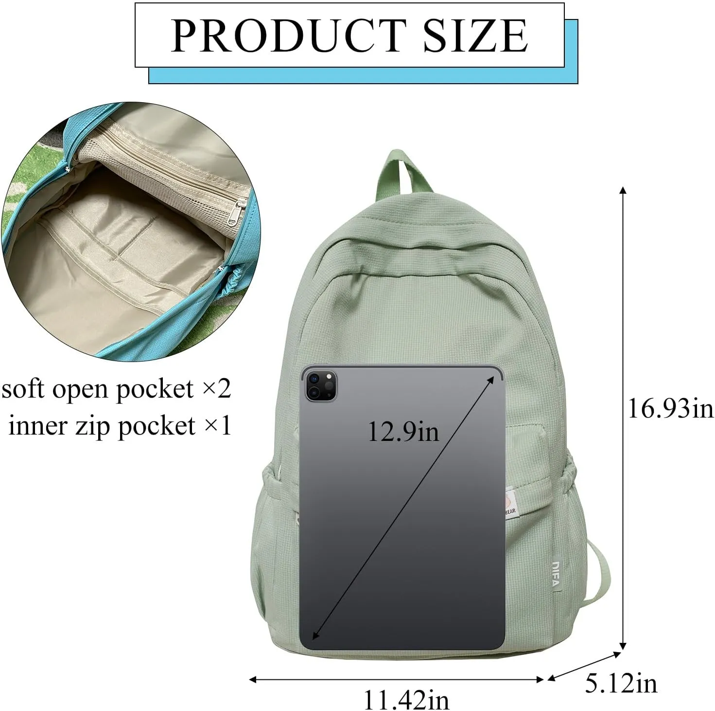 Cute Aesthetic Backpack Y2K Simple Solid Color Kawaii Backpacks Travel Laptop Backpack (Green)