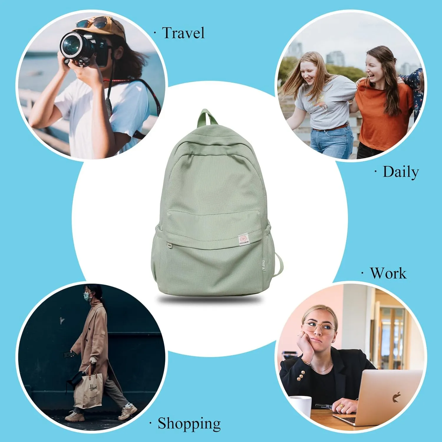 Cute Aesthetic Backpack Y2K Simple Solid Color Kawaii Backpacks Travel Laptop Backpack (Green)