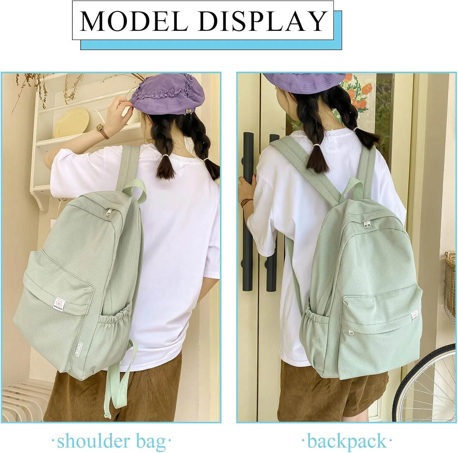 Cute Aesthetic Backpack Y2K Simple Solid Color Kawaii Backpacks Travel Laptop Backpack (Green)