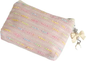 Cute Quilted Makeup Bag Y2K Aesthetic Colorful Striped Pouch Girls Cottagecore Period Kit Bag Coquette Mid-day Clutch (Pink)