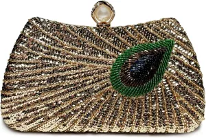 DJBM Women Unique Peacock Evening Clutch Bag Luxury Shiny Beaded Sequin Pearl Handle Purse for Dating Masquerade