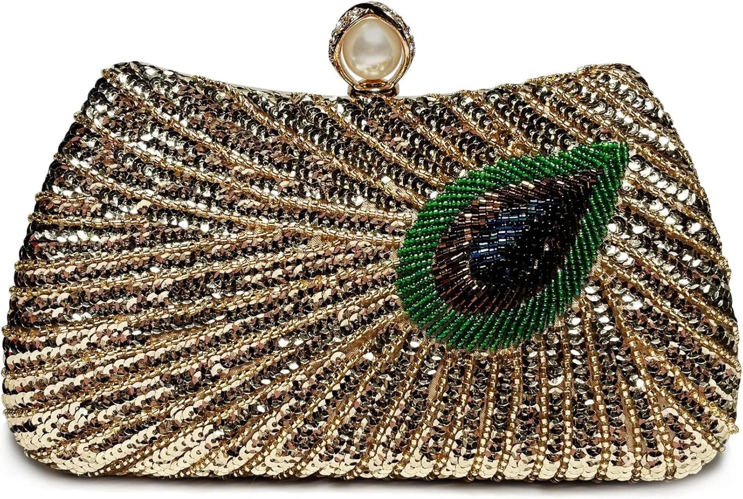 DJBM Women Unique Peacock Evening Clutch Bag Luxury Shiny Beaded Sequin Pearl Handle Purse for Dating Masquerade