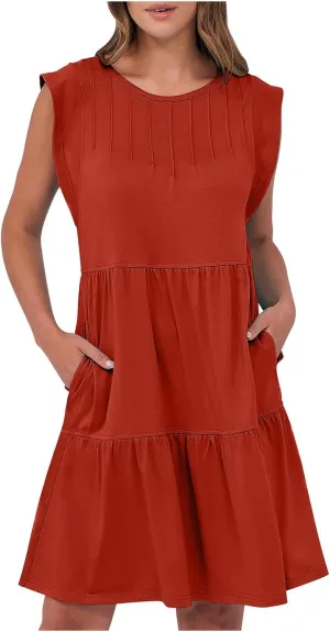Dresses for Women 2025 Crewneck Ruffle Sleeve Tiered Flowy Unique Chest Line Decoration Mini Dress with Pockets