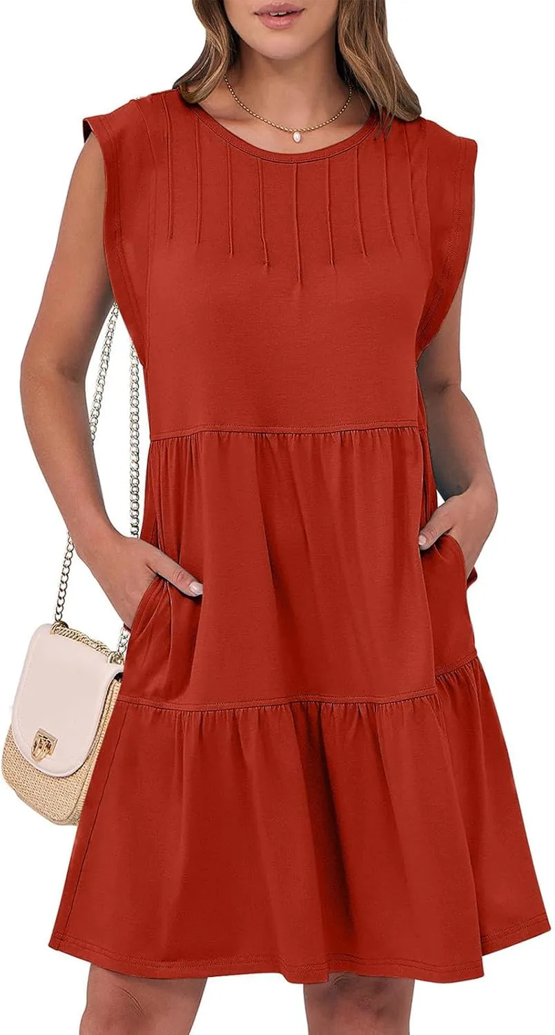 Dresses for Women 2025 Crewneck Ruffle Sleeve Tiered Flowy Unique Chest Line Decoration Mini Dress with Pockets