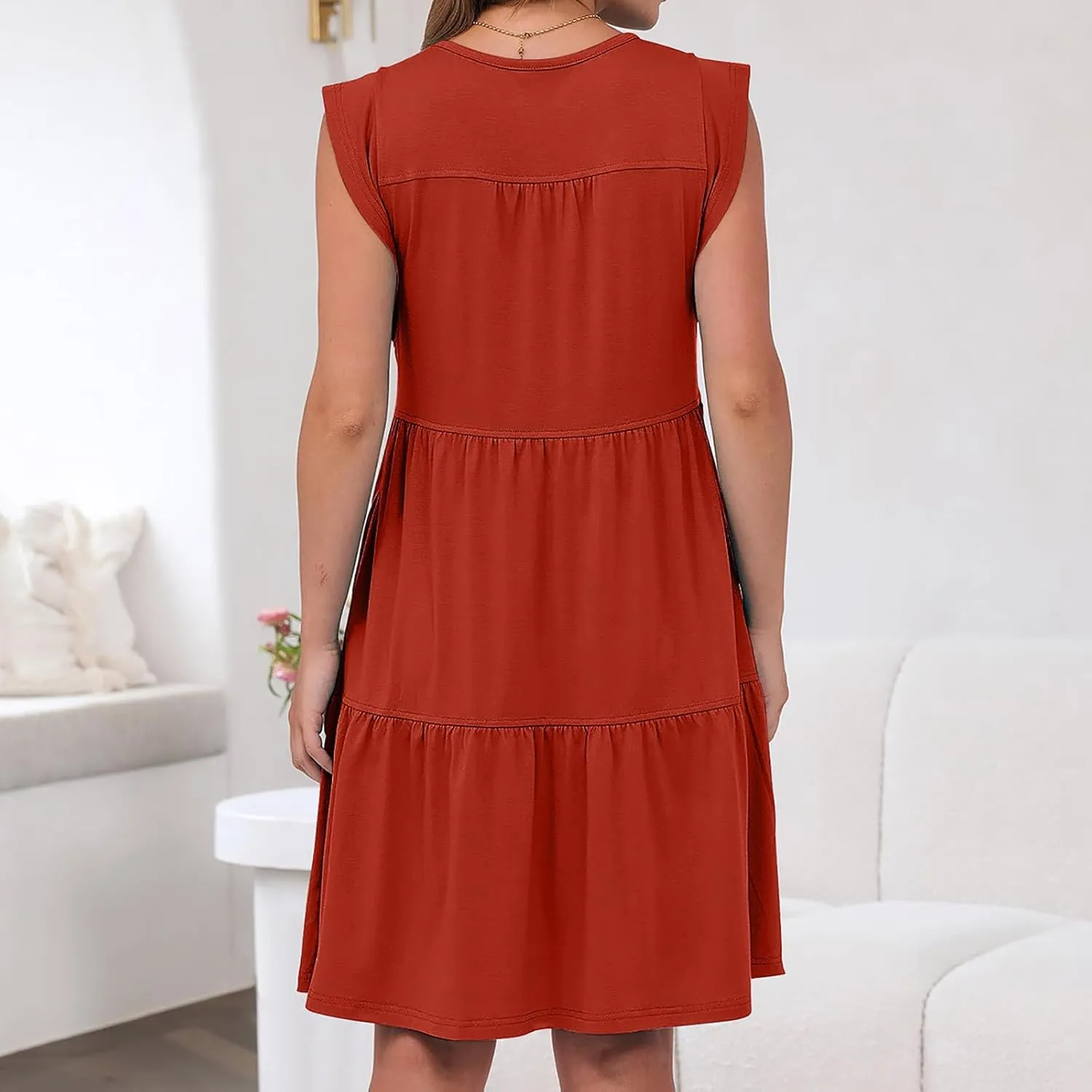 Dresses for Women 2025 Crewneck Ruffle Sleeve Tiered Flowy Unique Chest Line Decoration Mini Dress with Pockets