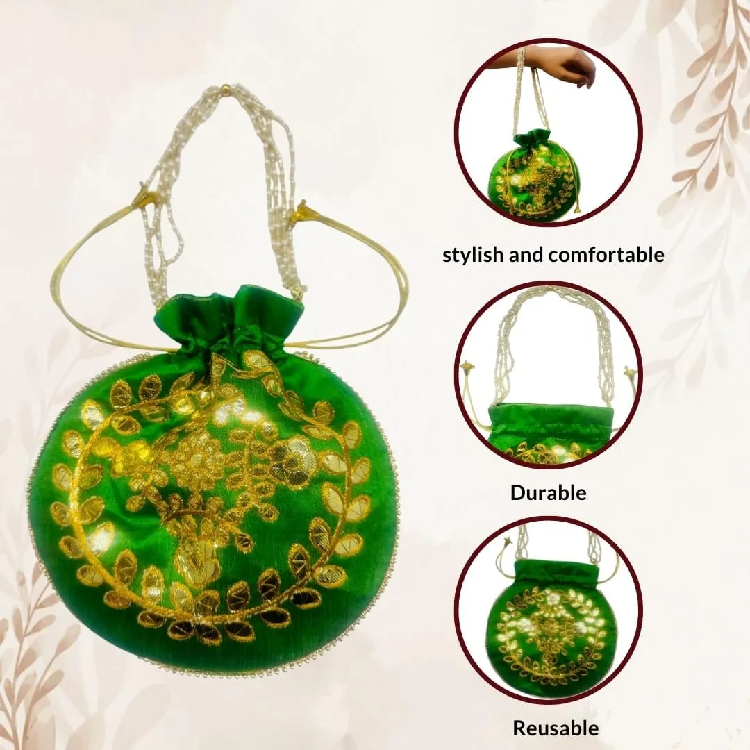 Elegant Embroidered Potli Bag - Traditional Handmade Silk Purse with Golden Beads & Drawstring