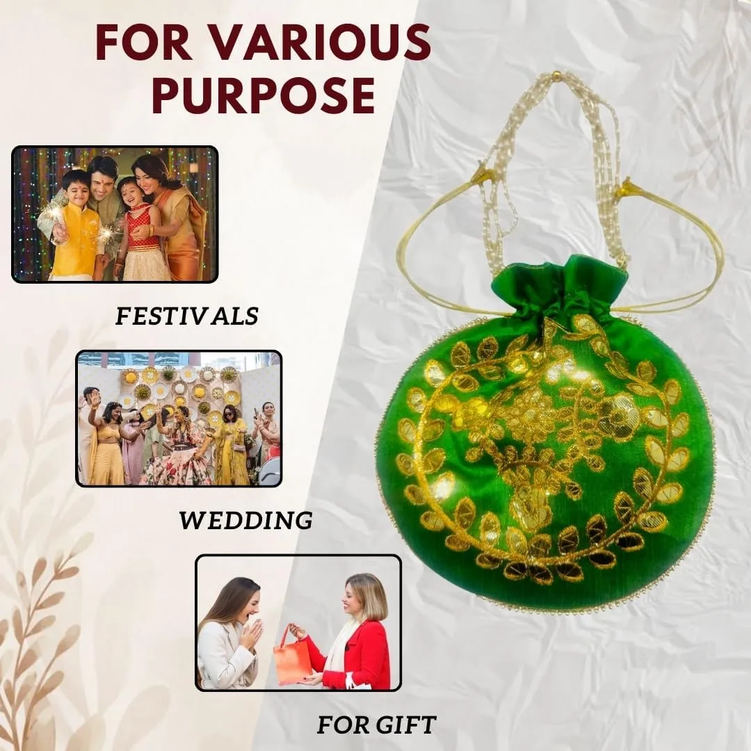 Elegant Embroidered Potli Bag - Traditional Handmade Silk Purse with Golden Beads & Drawstring