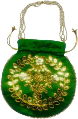 Elegant Embroidered Potli Bag - Traditional Handmade Silk Purse with Golden Beads & Drawstring