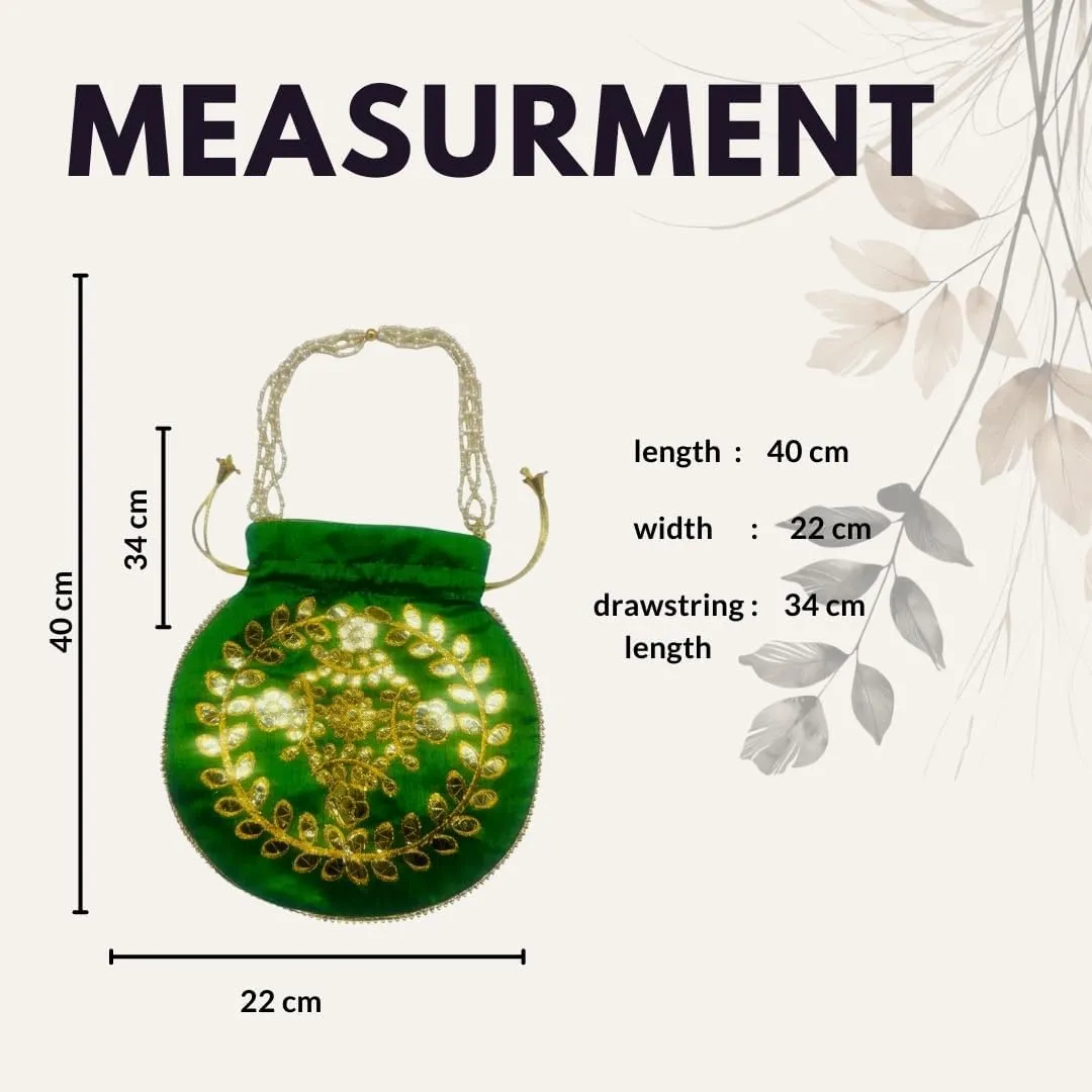 Elegant Embroidered Potli Bag - Traditional Handmade Silk Purse with Golden Beads & Drawstring