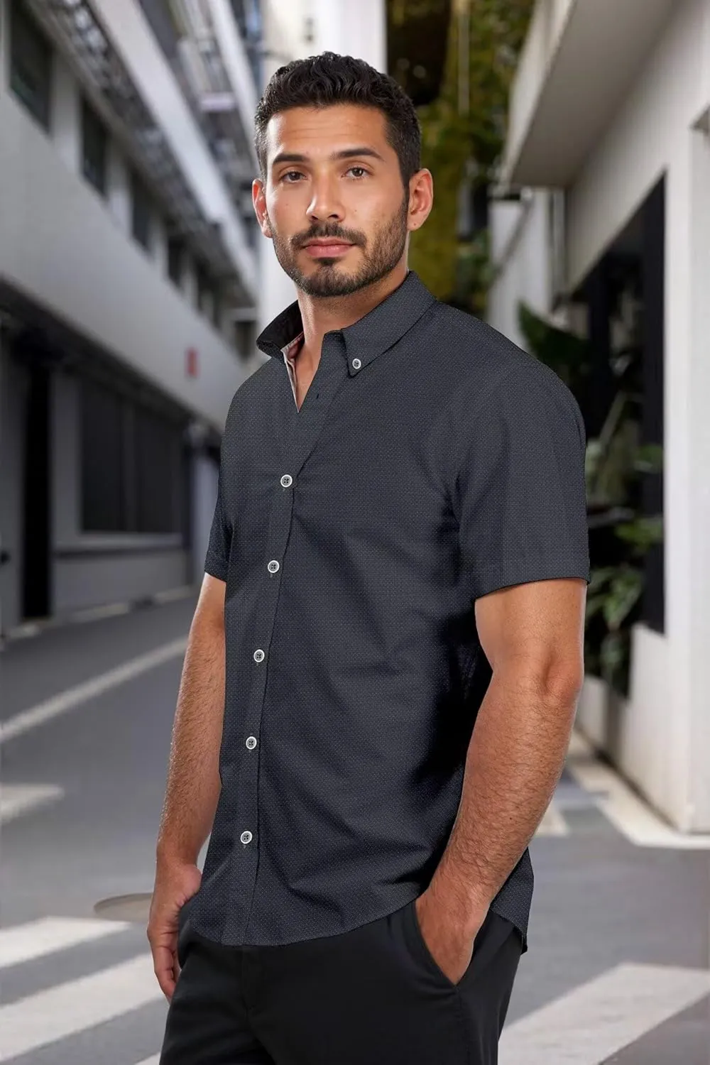 ETHANOL Mens Slim Fit Short Sleeve Button Down Polo Tech Stretch Printed Shirt