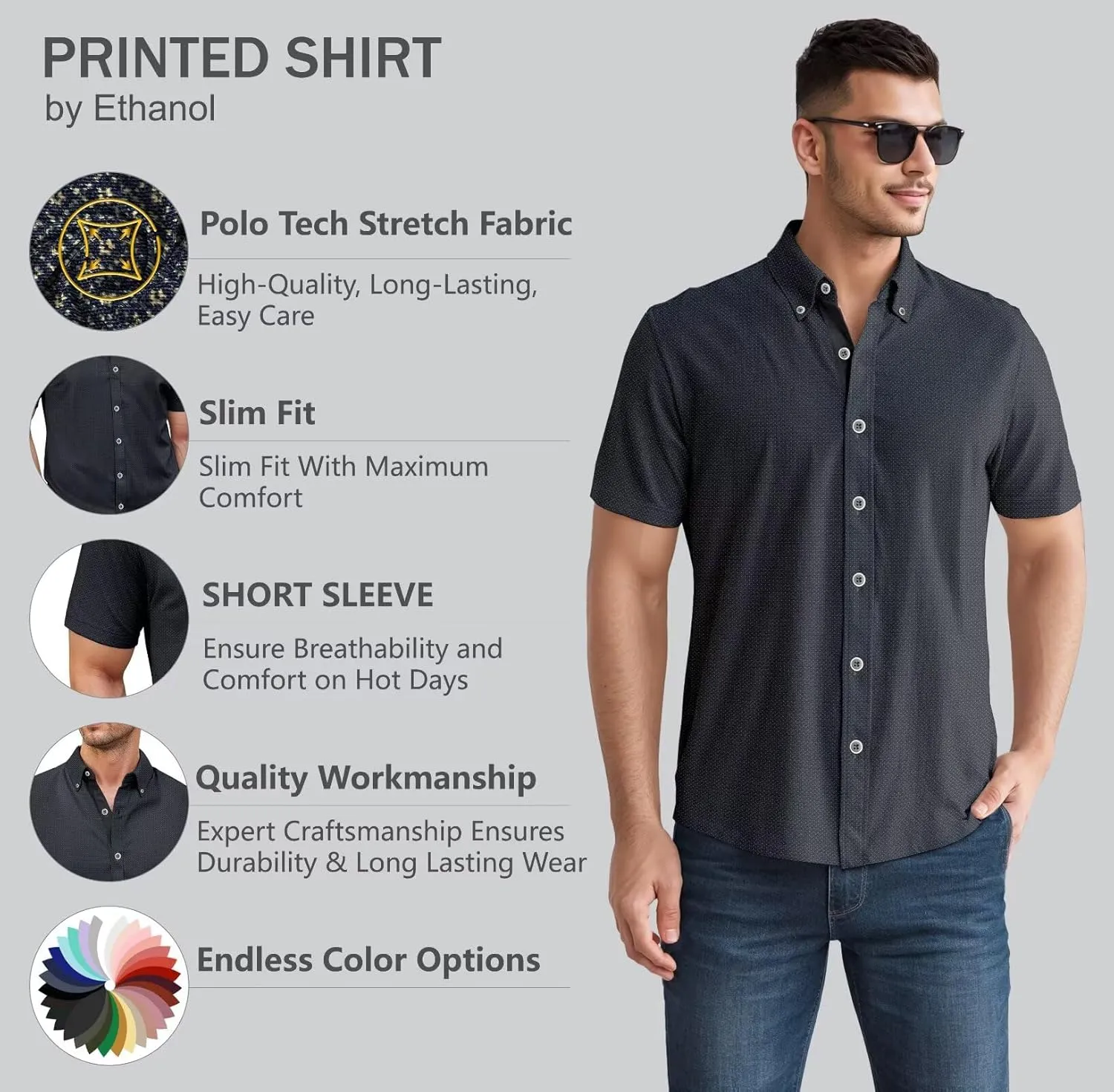 ETHANOL Mens Slim Fit Short Sleeve Button Down Polo Tech Stretch Printed Shirt