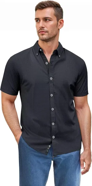 ETHANOL Mens Slim Fit Short Sleeve Button Down Polo Tech Stretch Printed Shirt