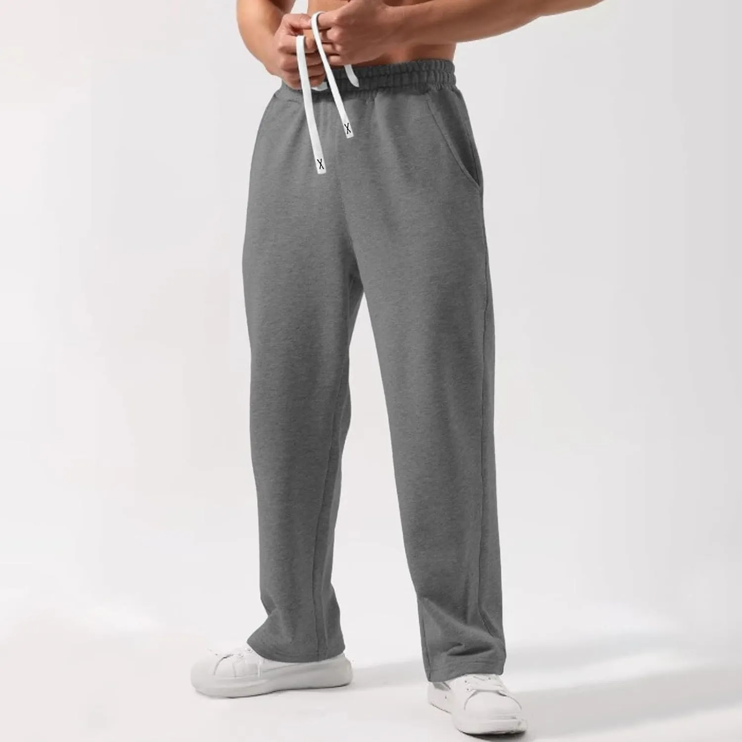 Fleece Cargo Sweatpants for Men, Casual Baggy Elastic Waist Drawstring Sweatpants with Pockets Sport Joggers Trousers