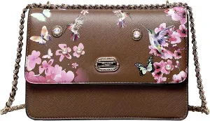 Floral Harmony Chain Shoulder Bag - Embellished with Pearls and Crystals, Leather Clutch with Pink Floral and Hummingbird