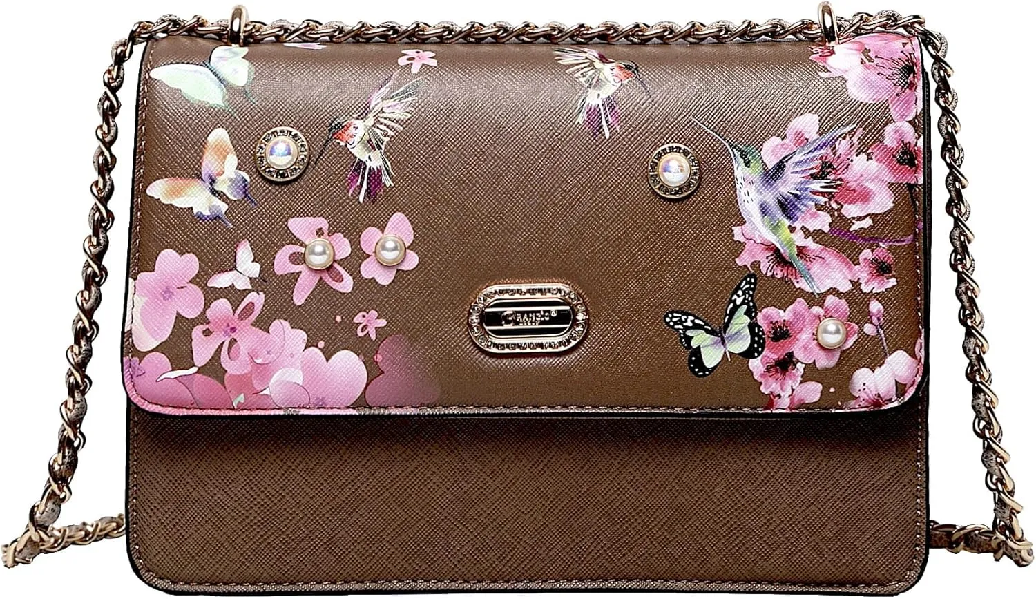 Floral Harmony Chain Shoulder Bag - Embellished with Pearls and Crystals, Leather Clutch with Pink Floral and Hummingbird