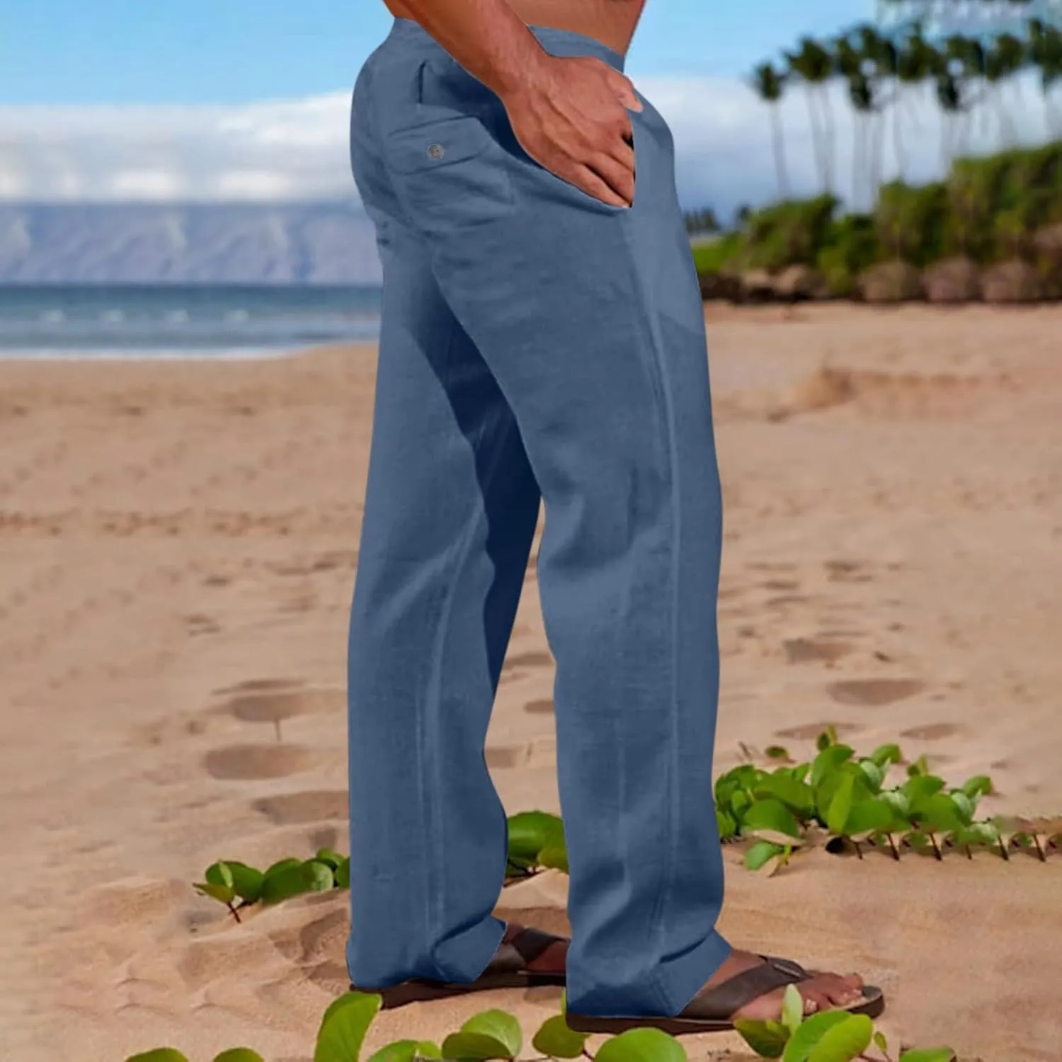 GIERIDUC Men's Casual Linen Pants Elastic Waist Drawstring Yoga Beach Pants Lightweight Loose Fit Hippie Trouser with Pockets