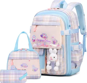 Girls Backpack Set, 3PCS Kids Backpack for Girl, Kawaii Bunny School Backpacks for Girls Kindergarten Elementary Preschool Middle School Bags with Lunch Box Pencil Case Blue-Plaid