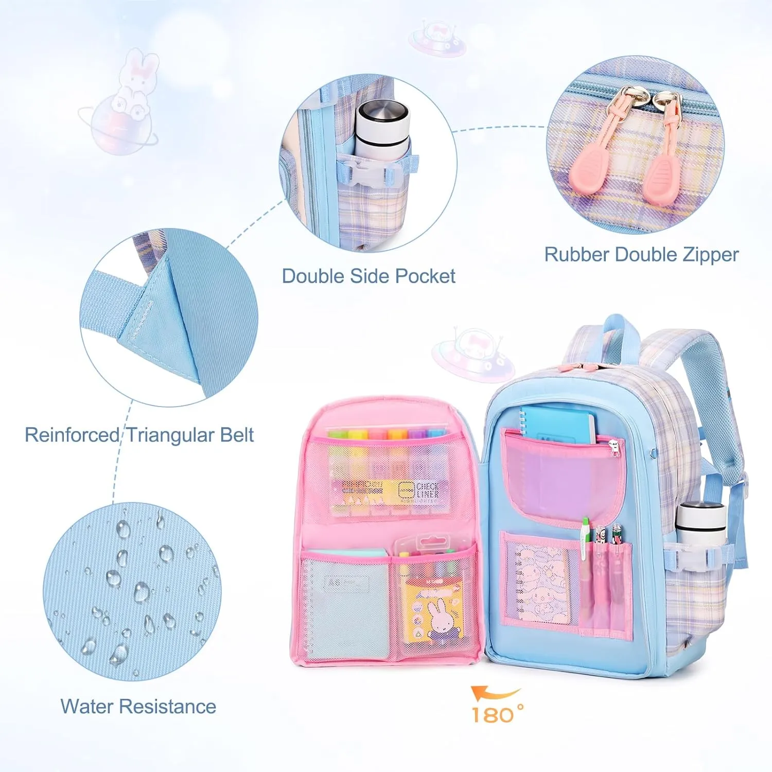 Girls Backpack Set, 3PCS Kids Backpack for Girl, Kawaii Bunny School Backpacks for Girls Kindergarten Elementary Preschool Middle School Bags with Lunch Box Pencil Case Blue-Plaid