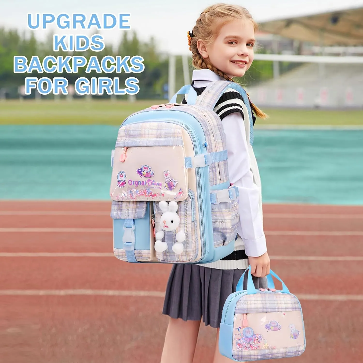 Girls Backpack Set, 3PCS Kids Backpack for Girl, Kawaii Bunny School Backpacks for Girls Kindergarten Elementary Preschool Middle School Bags with Lunch Box Pencil Case Blue-Plaid