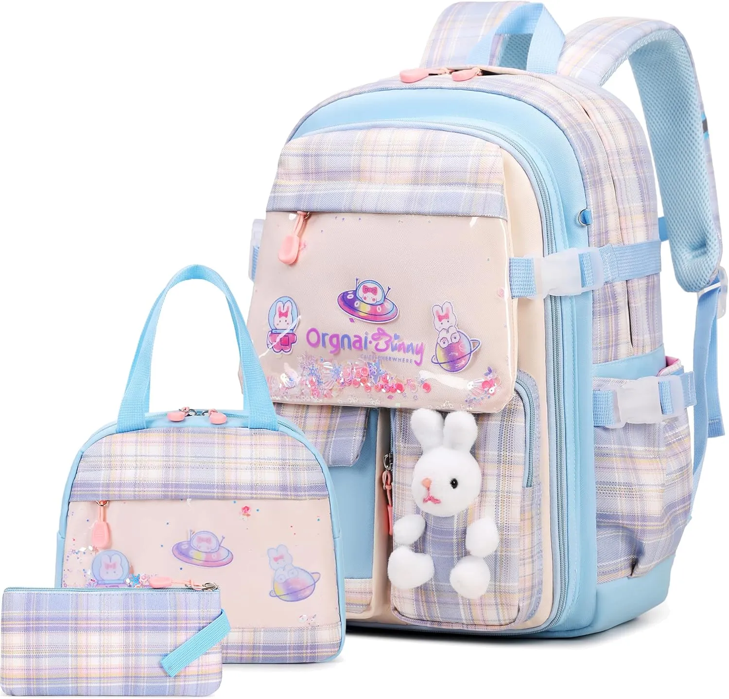 Girls Backpack Set, 3PCS Kids Backpack for Girl, Kawaii Bunny School Backpacks for Girls Kindergarten Elementary Preschool Middle School Bags with Lunch Box Pencil Case Blue-Plaid