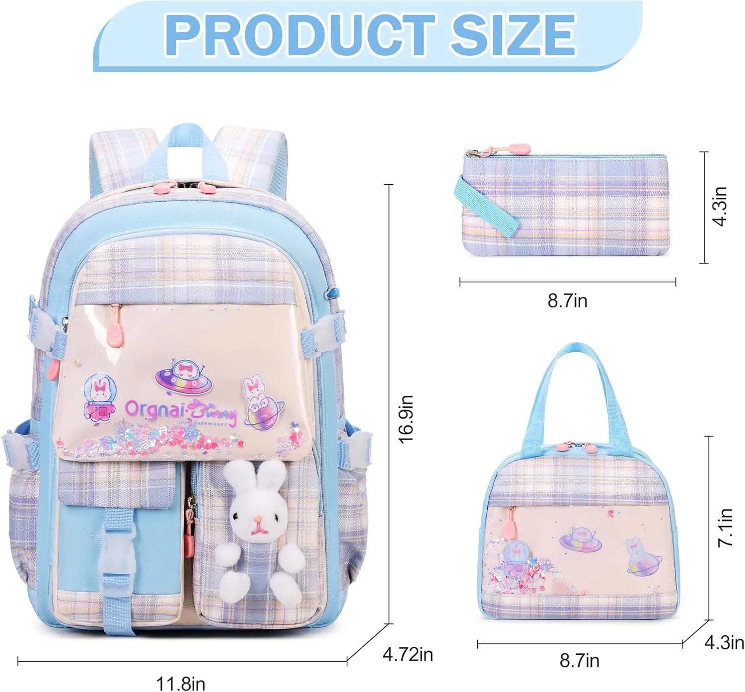 Girls Backpack Set, 3PCS Kids Backpack for Girl, Kawaii Bunny School Backpacks for Girls Kindergarten Elementary Preschool Middle School Bags with Lunch Box Pencil Case Blue-Plaid