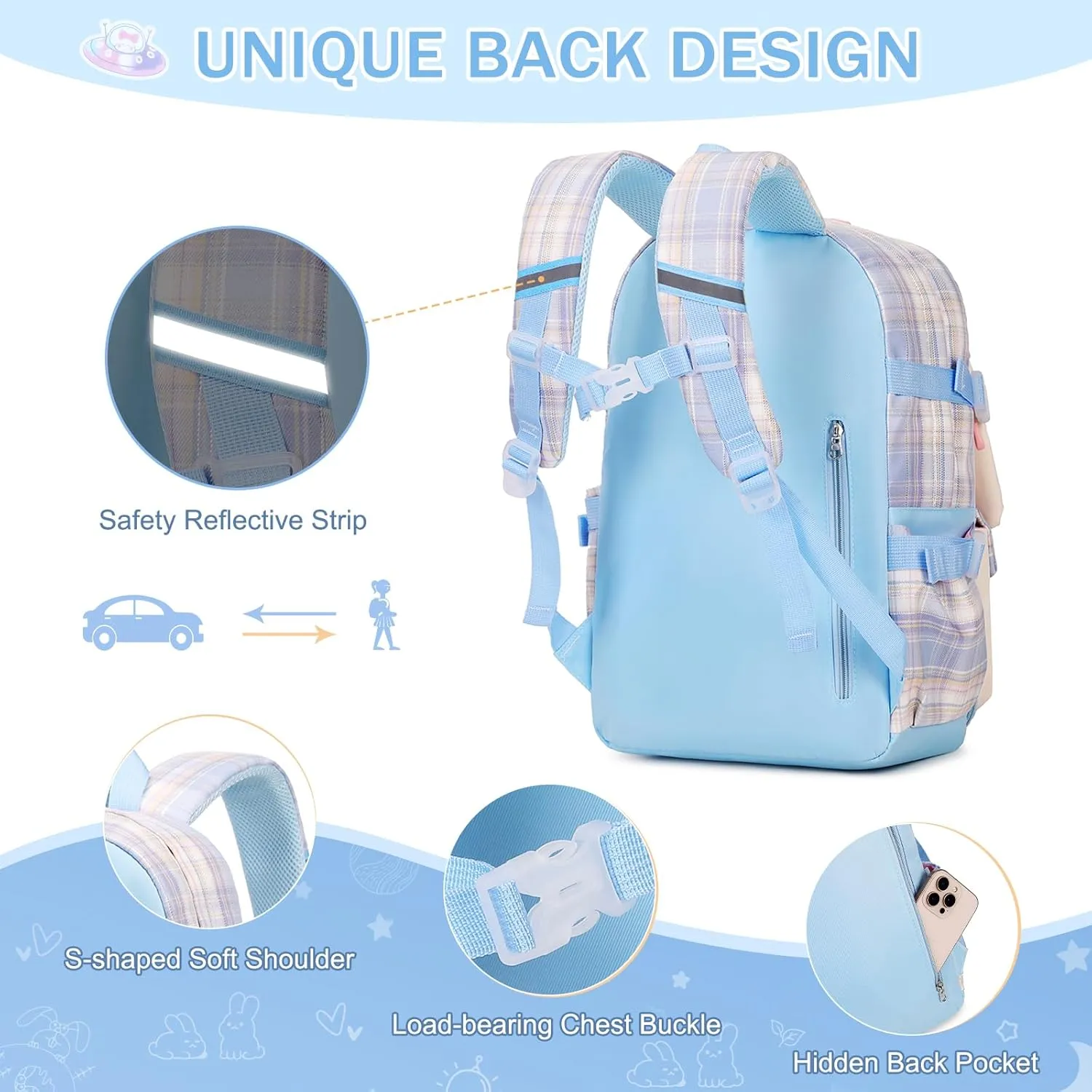 Girls Backpack Set, 3PCS Kids Backpack for Girl, Kawaii Bunny School Backpacks for Girls Kindergarten Elementary Preschool Middle School Bags with Lunch Box Pencil Case Blue-Plaid