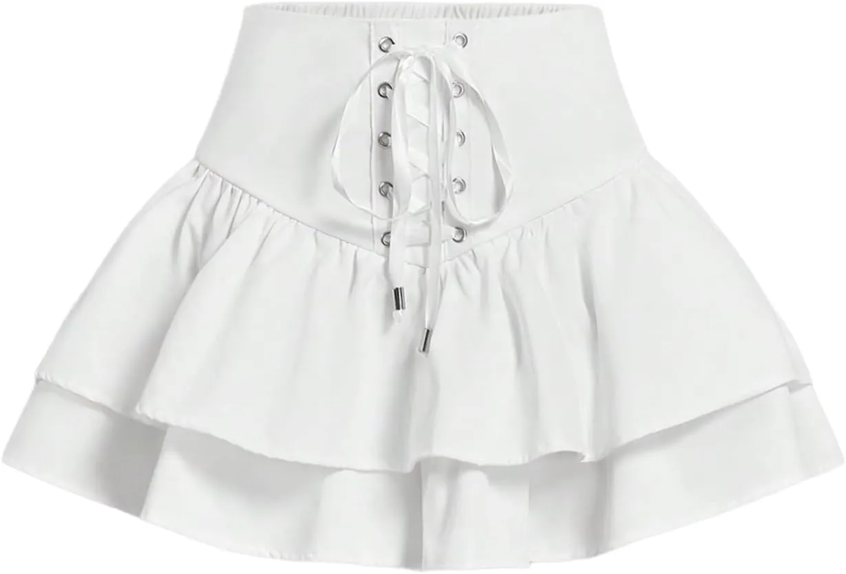 GORGLITTER Women's Ruffle Lace Up Tie Front Layered Shorts Skirt High Waist Flared Skorts
