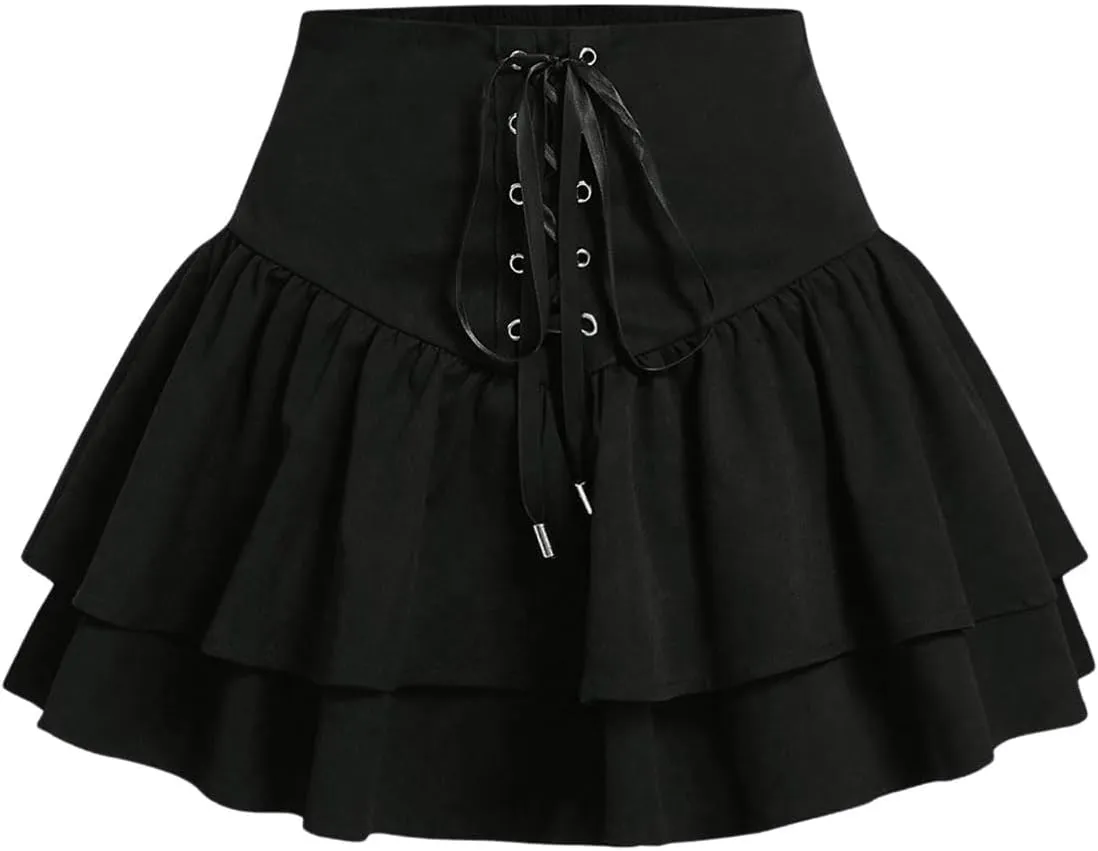 GORGLITTER Women's Ruffle Lace Up Tie Front Layered Shorts Skirt High Waist Flared Skorts