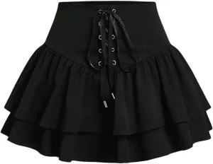 GORGLITTER Women's Ruffle Lace Up Tie Front Layered Shorts Skirt High Waist Flared Skorts