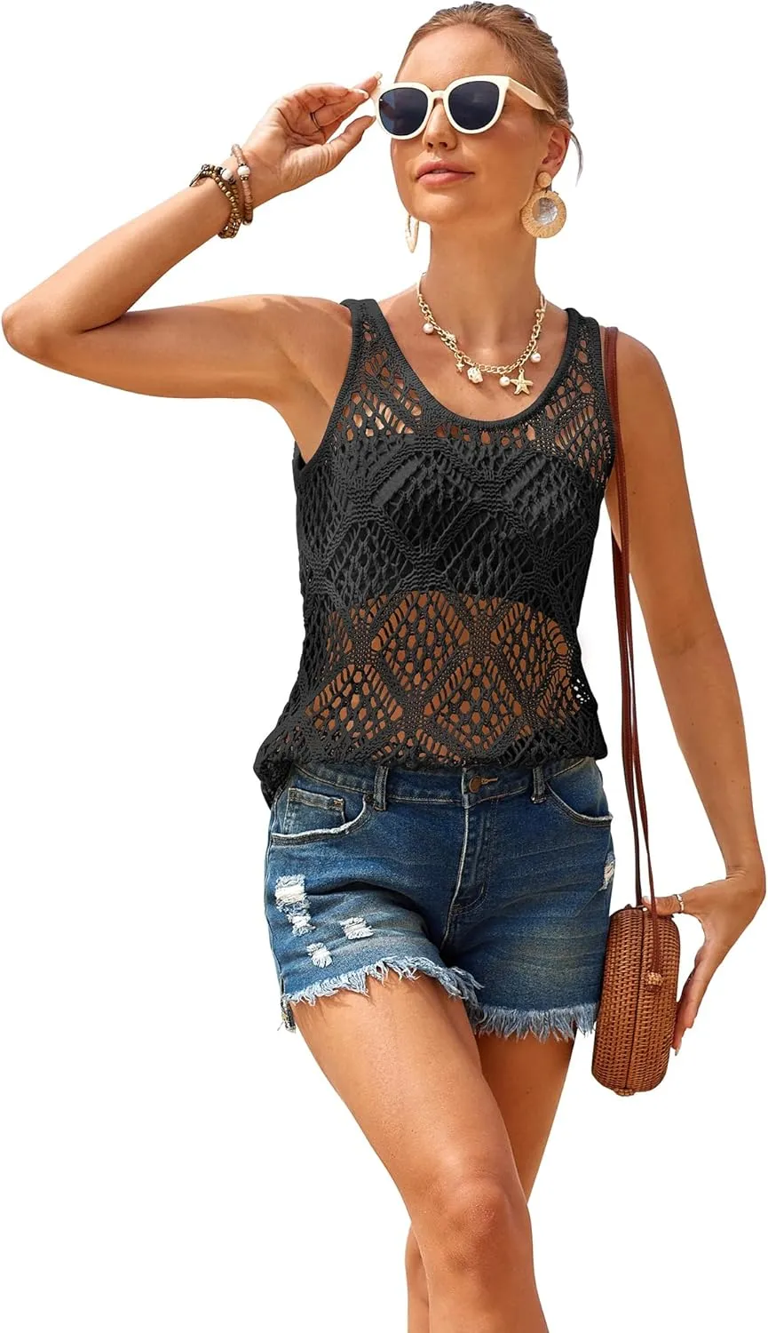 Halife Crochet Tops for Women Boho Summer Trendy Scoop Neck Sleeveless Hollow Out Sweater Vest