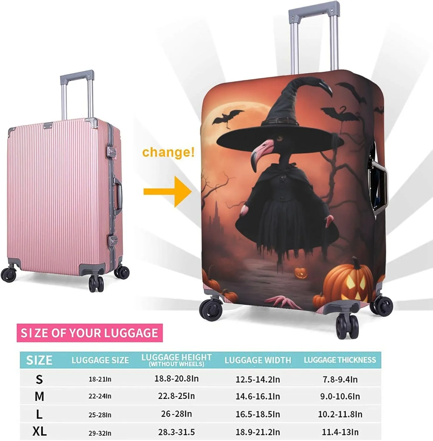 Halloween Flamingo Witch Hat Print Unique Travel Luggage Cover Washable Anti Scratch Suitcase Protector for Vacation