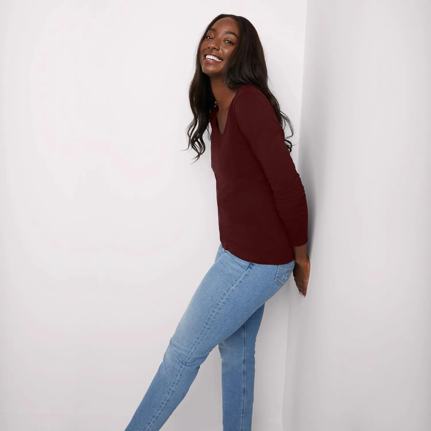 Hanes Womens Originals Long Sleeve Cotton V-Neck T-Shirt, Lightweight V-Neck Tee, Modern Fit