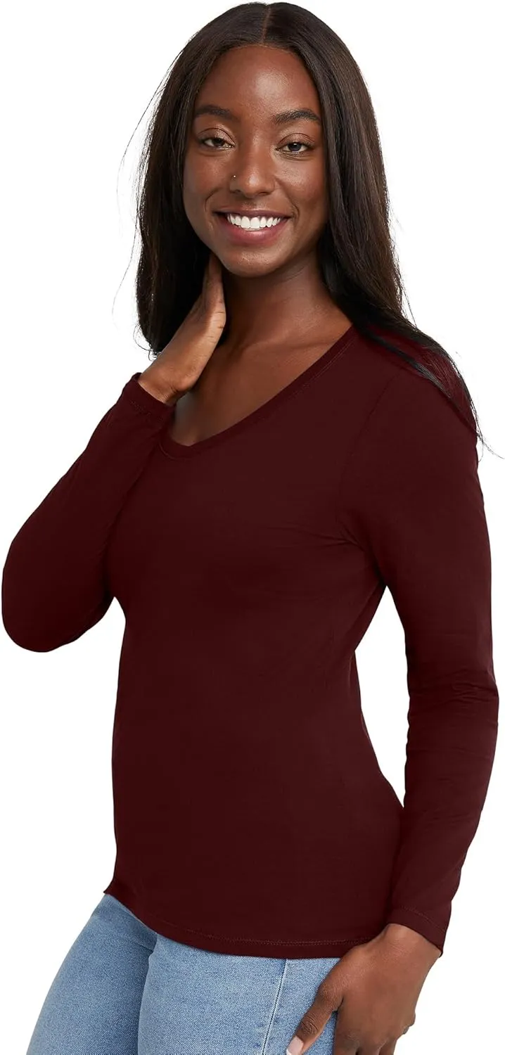 Hanes Womens Originals Long Sleeve Cotton V-Neck T-Shirt, Lightweight V-Neck Tee, Modern Fit